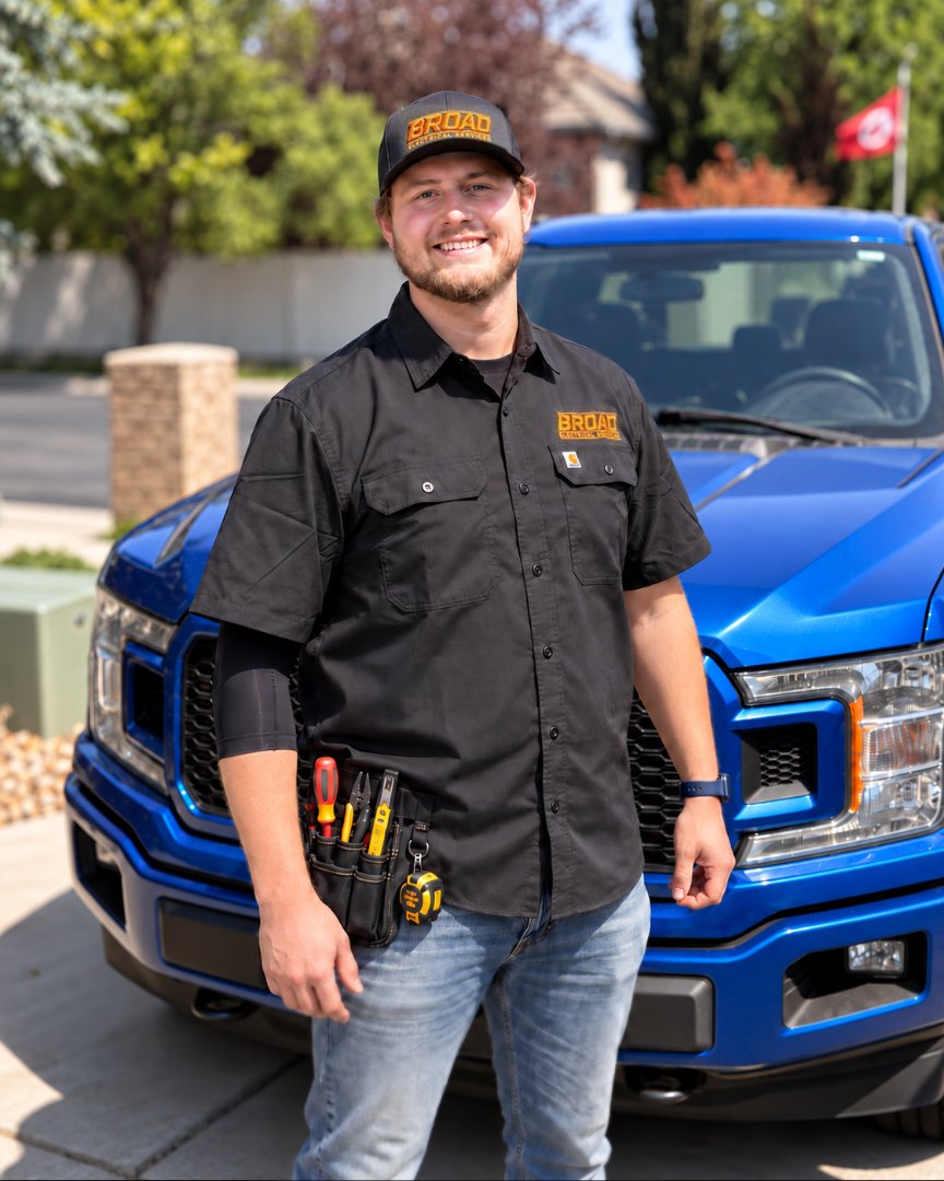Dallin Cahoon, owner of Broad Electrical Services, in front of his work truck
